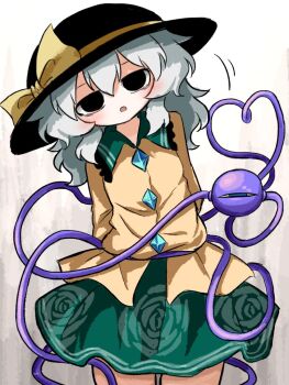 1girl arms_behind_head black_eyes black_hat buttons contrast_collar cowboy_shot diamond_button floral_print full_body green_hair green_skirt hair_between_eyes half-closed_eyes hat hat_ribbon head_tilt heripantomorrow komeiji_koishi long_sleeves looking_at_viewer parted_lips ribbon rose_print shirt skirt solo standing third_eye touhou white_background wide_sleeves yellow_ribbon yellow_shirt