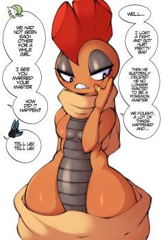 1girl absurdres arm_behind_back averting_eyes black_eyes breasts bright_pupils colored_skin cowboy_shot english_text eyeshadow female_focus furry furry_female gardevoir gen_3_pokemon gen_4_pokemon gen_5_pokemon grey_eyeshadow grey_skin hand_on_own_cheek hand_on_own_face hand_up heart heart-shaped_pupils highres jewelry looking_down looking_to_the_side lucario makeup mohawk multicolored_skin nintendo no_nipples orange_skin pants parted_lips pokemon pokemon_(creature) red_hair reptile_girl ring saltyxodium scarf scrafty shiny_skin short_hair simple_background small_breasts solo_focus speech_bubble spoken_character standing symbol-shaped_pupils talking teeth thick_thighs thighs topless_female two-tone_skin wedding_band white_background white_pupils wide_hips yellow_pants yellow_scarf