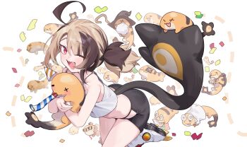 Rule 34 | 1girl, ;d, ahoge, black shorts, blonde hair, brown hair, gigi murin, grem (gigi murin), highres, hololive, hololive english, hug, jknor, multicolored hair, one eye closed, open mouth, sharp teeth, short shorts, shorts, smile, streamers, tail, tank top, teeth, twintails, two-tone hair, virtual youtuber, white tank top