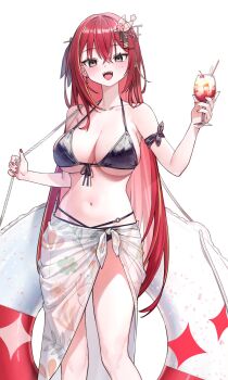 1girl akane_lize bikini black_bikini breasts choppy_bangs commentary_request crossed_bangs cup elppi feet_out_of_frame floral_print floral_print_bikini front-tie_bikini_top front-tie_top glass grey_eyes hair_between_eyes hair_ornament hand_up highres holding holding_cup innertube korean_commentary large_breasts long_bangs long_hair multi-strapped_bikini_bottom navel open_mouth print_bikini print_sarong red_hair sarong simple_background smile solo standing stellive stomach swim_ring swimsuit very_long_hair virtual_youtuber white_background white_sarong