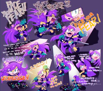 6+girls absurdres belt black_hairband boots concert drawloverlala english_text fang furry furry_female gloves green_eyes hairband highres holding holding_microphone long_hair microphone microphone_stand mina_mongoose multiple_girls music open_mouth purple_hair singing skirt sonic_(series) sonic_frontiers sonic_the_hedgehog_(archie_comics)