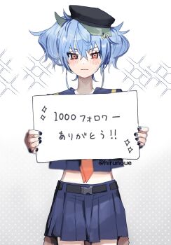 1girl black_nails blue_hair blue_serafuku blurry blush commentary_request cowboy_shot hat high-low_skirt highres horns midriff milestone_celebration orange_eyes original peaked_cap pierced_hat pleated_skirt school_uniform serafuku single_horn skirt sleeves_past_wrists solo soyaka sparkle translation_request twintails twitter_username