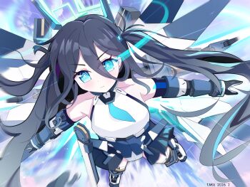 1girl absurdres aqua_eyes aris_(armed)_(blue_archive) aris_(blue_archive) bare_shoulders black_hair black_thighhighs blue_archive breasts closed_mouth collarbone commentary_request hair_between_eyes highres long_hair_between_eyes looking_at_viewer magami7 mechanical_wings medium_breasts shirt sleeveless sleeveless_shirt solo thighhighs twintails weapon wings