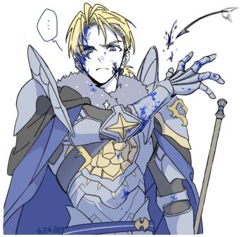 ... 1boy arm_up armor arrow_(projectile) blonde_hair blood blood_on_armor blood_on_face blue_cape blue_eyes breastplate cape commentary_request dimitri_alexandre_blaiddyd fire_emblem fire_emblem:_three_houses fire_emblem_warriors:_three_hopes gauntlets holding holding_polearm holding_weapon male_focus nintendo official_alternate_costume official_alternate_hairstyle pauldrons polearm ponytail seza_fe3h shoulder_armor simple_background solo speech_bubble spoken_ellipsis weapon white_background