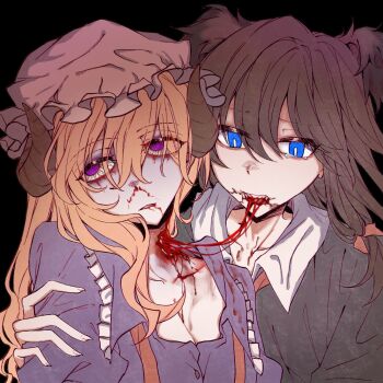 2girls alternate_eye_color animal_ears biting black_background black_capelet blonde_hair blood blood_from_mouth bloodshot_eyes bloody_tears blue_eyes bow breasts brown_hair buttons cannibalism capelet cleavage collarbone collared_shirt commentary contrast_collar dog_ears dog_girl dying flesh frilled_shirt_collar frills guro hair_between_eyes hair_bow hand_on_another's_arm hat highres horns kemonomimi_mode long_hair maribel_hearn missing_headwear mob_cap multiple_girls necktie nosebleed oriharareimu partially_open_shirt purple_eyes red_bow red_necktie sharp_teeth sheep_girl sheep_horns shirt tears tears_from_one_eye teeth touhou turn_pale undone_necktie usami_renko white_hat