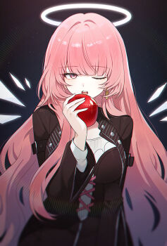 Rule 34 | 1girl, apple, arknights, aura, black background, black dress, commentary, detached wings, dress, earrings, food, fruit, halo, highres, holding, holding food, holding fruit, hyeroin, jewelry, lemuen (arknights), light particles, long hair, long sleeves, looking at viewer, one eye closed, open mouth, pink eyes, pink hair, solo, sparkle, traditional halo, upper body, white halo, wings