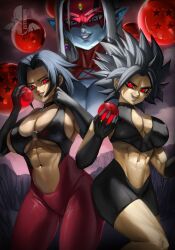 Rule 34 | 3girls, abs, absurdres, black hair, blue skin, breasts, caulifla, cleavage, colored skin, dragon ball, dragon ball (object), dragon ball heroes, earrings, elbow gloves, elite nappa, evil smile, gloves, grin, highres, holding, jewelry, kale (dragon ball), large breasts, lips, looking at viewer, multiple girls, pointy ears, red eyes, sideboob, smile, smirk, spiked hair, towa (dragon ball), white hair
