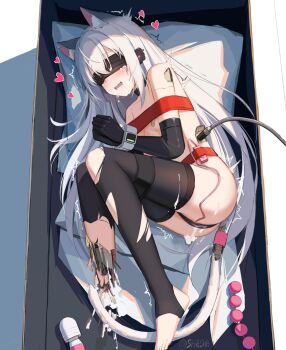 1girl absurdres anal_beads android animal_ear_fluff animal_ears bandaid bandaids_on_nipples bare_shoulders black_choker black_gloves black_thighhighs blindfold blush bound bound_wrists breasts cable chinese_commentary choker collarbone covered_eyes damaged drooling elbow_gloves fang foot_out_of_frame gloves heart highres hitachi_magic_wand long_hair mechabare mechanical_tail open_mouth original pasties plug pussy_juice restrained robot_girl sex_toy shasha_(shasha159357) small_breasts solo stirrup_legwear subdermal_port tail thighhighs toeless_legwear torn_clothes torn_thighhighs trembling twitter_username very_long_hair vibrator vibrator_cord white_hair