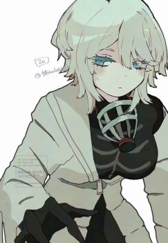 1girl black_gloves black_shirt blue_eyes breasts coat faust_(project_moon) gloves highres large_breasts limbus_company long_sleeves looking_at_viewer mask oxygen_mask project_moon respirator shirt short_hair simple_background skeleton_print solo thoracalgia_(e.g.o) totemohotdesu upper_body white_background white_coat white_hair