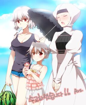 Rule 34 | 3girls, artist name, artist request, breasts, crepe, dress, fate/kaleid liner prisma illya, fate (series), food, framed breasts, fruit, illyasviel von einzbern, juliet sleeves, large breasts, leysritt (fate), long dress, long sleeves, melon, multiple girls, parasol, puffy sleeves, red eyes, ribbon, sella (fate), short hair, short shorts, shorts, source request, tank top, third-party source, umbrella, wavy hair, white hair