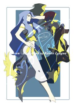 1girl absol absurdres border capri_pants cccacademia character_name commentary_request eyelashes gen_2_pokemon gen_3_pokemon gen_4_pokemon grey_background grey_hair grin hand_on_own_hip hand_up highres houndoom karen_(pokemon) long_hair mega_absol mega_pokemon nintendo pants pokemon pokemon_(creature) pokemon_hgss sharpedo shirt sidelocks signature single_off_shoulder smile teeth tyranitar umbreon weavile white_border white_pants yellow_shirt