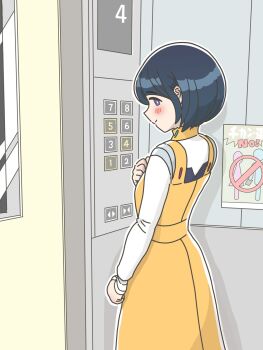 Rule 34 | 1girl, black hair, blue eyes, blush, breasts, commentary request, cowboy shot, dress, elevator, from side, gundam, gundam gquuuuuux, highres, kazkitashima, long hair, looking at viewer, medium breasts, ministry of land infrastructure and transportation, poster (object), shiiko sugai, solo, yellow dress