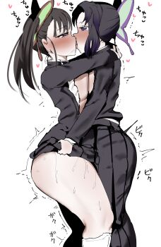 2girls black_hair blush breast_press breasts breasts_out clothed_sex dopajiru female_focus french_kiss frottage gradient_hair heart japanese_text kimetsu_no_yaiba kiss kochou_shinobu long_hair medium_breasts multicolored_hair multiple_girls open_mouth pink_eyes purple_eyes rubbing simple_background speech_bubble sweat tongue tongue_out tsuyuri_kanao white_background yuri