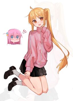 ! !! 2girls :d absurdres ahoge black_shoes black_skirt blonde_hair blue_eyes blush_stickers bocchi_the_rock! choppy_bangs cosplay cube_hair_ornament detached_ahoge full_body gotoh_hitori gotoh_hitori_(cosplay) hair_ornament hashtag-only_commentary highres ijichi_nijika jacket long_hair long_sleeves looking_at_viewer miniskirt multiple_girls open_mouth pink_hair pink_jacket pyyuu red_eyes shoes side_ponytail skirt sleeves_past_wrists smile socks solo_focus track_jacket white_background white_socks zoom_layer