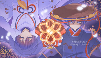 2boys arms_at_sides artist_name black_sleeves blood blood_splatter blunt_ends brown_hat choppy_bangs closed_eyes clothing_cutout dated dual_persona empty_eyes eyelashes eyeliner facing_viewer falling_petals feathers genshin_impact glowing glowing_petals gold handari hat highres ichimegasa japanese_clothes kariginu kimono kuronushi_(genshin_impact) layered_sleeves long_sleeves looking_at_viewer makeup multiple_boys no_mouth petals pom_pom_(clothes) purple_eyes purple_hair purple_kimono purple_sleeves purple_veil red_eyeliner red_kimono red_sleeves scaramouche_(genshin_impact) scaramouche_(kabukimono)_(genshin_impact) shaded_face shoulder_cutout string tsurime veil white_petals white_sleeves yellow_feathers