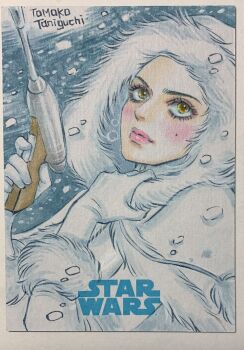 1girl artist_logo artist_name blush brown_eyes coat fur_coat fur_hood gloves gun highres holding holding_gun holding_weapon logo padme_amidala photo_(medium) signature solo star_wars tomoko_taniguchi traditional_media upper_body weapon white_coat white_gloves white_hood