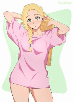 1girl :o alternate_costume anime_coloring arms_behind_head arms_up artist_name bilingual_commentary blonde_hair braid bright_pupils commentary cowboy_shot dungeon_meshi elf green_background green_eyes hair_down hand_in_own_hair highres long_hair long_shirt looking_at_viewer loungewear marcille_donato mixed-language_commentary no_pants oversized_clothes parted_lips pink_shirt pointy_ears shirt side_braid simple_background solo straight-on two-tone_background usagihop white_background white_pupils