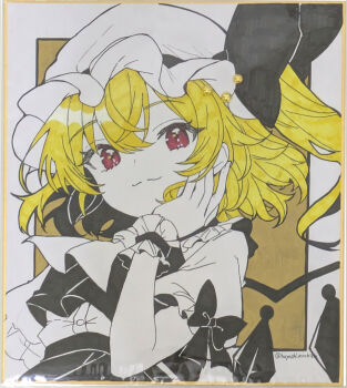1girl absurdres ascot blonde_hair closed_mouth commentary_request crystal_wings double-parted_bangs flandre_scarlet frilled_sleeves frilled_wrist_cuffs frills hair_between_eyes hand_up hat highres looking_at_viewer marker_(medium) medium_hair mob_cap re_re_merry red_eyes shikishi shirt short_sleeves side_ponytail sleeve_bow smile solo touhou traditional_media upper_body white_ascot white_hat white_shirt wings wrist_cuffs