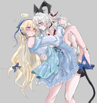2girls aoi_(aoisaka) black_choker blonde_hair blue_dress blue_shorts blush carrying choker closed_mouth collared_shirt commentary demon_horns demon_tail dress drunk english_commentary grabbing_another&#039;s_horns grey_background hand_on_another&#039;s_shoulder high_heels highres horns long_hair multiple_girls parted_lips phoebe_(wuthering_waves) princess_carry purple_eyes red_eyes shirt shorts simple_background speech_bubble squeans tail white_hair white_shirt wuthering_waves yuri zani_(wuthering_waves)