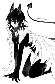 1girl animal_ears black_bodysuit black_hair black_lips black_thighhighs bodysuit cleavage_cutout clothing_cutout demon_tail earrings ensemble_stars! feathered_wings feet_out_of_frame folded_wings full_body genderswap genderswap_(mtf) hair_between_eyes highres jewelry kneeling looking_at_viewer lunaticotat medium_hair mystical_high_collar partially_colored red_eyes sakuma_rei_(ensemble_stars!) solo stomach_cutout tail thighhighs thighs white_background wings