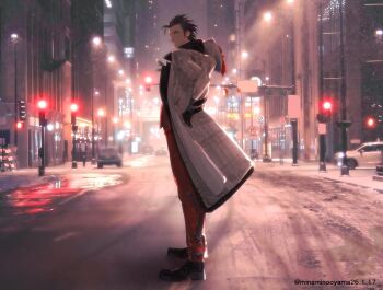 1boy black_gloves black_hair blue_eyes bouquet building city coat commentary final_fantasy final_fantasy_vii final_fantasy_vii:_ever_crisis flower from_side full_body gloves grey_coat highres holding holding_bouquet looking_at_viewer male_focus minaminooyama outdoors profile red_flower red_rose rose short_hair smile solo standing twitter_username zack_fair zack_fair_(holiday_suit)