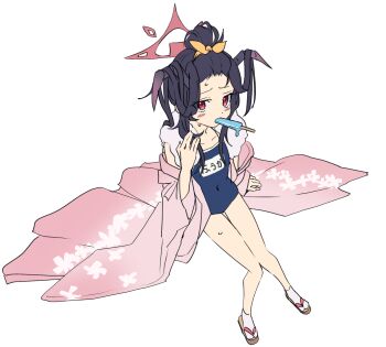 1girl adapted_costume alternate_hairstyle black_hair black_horns blue_archive blue_one-piece_swimsuit blush_stickers bow commentary_request covered_navel demon_girl demon_horns floral_print floral_print_kimono food food_in_mouth forehead full_body fuuka_(blue_archive) fuuka_(new_year)_(blue_archive) hair_bow hair_bun hair_on_horn halo hand_up highres horns japanese_clothes kimono knees_together_feet_apart long_hair long_sleeves looking_at_viewer melting_popsicle momomatang one-piece_swimsuit open_clothes open_kimono pink_kimono popsicle popsicle_in_mouth print_kimono red_eyes red_halo school_uniform simple_background single_hair_bun sitting solo swimsuit thigh_gap upturned_eyes white_background wide_sleeves yellow_bow