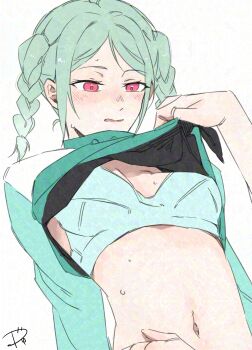 2girls adversarial_noise blue_bra blush bra braid breasts clothes_lift commentary_request green_hair green_jacket hand_on_another&#039;s_shoulder highres jacket jacket_lift love_live! love_live!_superstar!! multiple_girls onitsuka_tomari parted_lips pink_eyes simple_background small_breasts surfacedxxc sweat twin_braids underwear white_background yuri