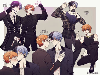 Rule 34 | 2boys, aoyagi touya, bare shoulders, black gloves, black nails, blush, closed mouth, fingerless gloves, gloves, green eyes, holding, holding microphone, kiss, kissing forehead, kneeling, long sleeves, looking at another, looking at viewer, looking to the side, male focus, microphone, mole, mole under eye, multicolored hair, multiple boys, necktie, one eye closed, open mouth, orange hair, pamine0320, project sekai, shinonome akito, tank top, tongue, tongue out, yaoi