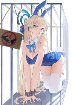 1girl animal_ears aqua_bow aqua_bowtie blonde_hair blue_archive blue_eyes blue_hairband blue_halo blue_leotard bow bowtie breasts cage cleavage detached_collar earpiece fake_animal_ears fake_tail hairband halo highleg highleg_leotard highres in_cage kneeling leotard long_hair looking_at_viewer mahou_gnome medium_breasts official_alternate_costume playboy_bunny rabbit_ears rabbit_tail solo strapless strapless_leotard tail thighhighs toki_(blue_archive) toki_(bunny)_(blue_archive) white_thighhighs wrist_cuffs