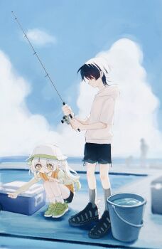 1boy 1girl a8jn2 alternate_costume black_eyes black_footwear black_hair black_shorts blue_sky blunt_ends bright_pupils bucket bucket_hat clenched_hands cloud cloudy_sky contemporary cooler cross-shaped_pupils eyelashes eyeliner eyeshadow fishing fishing_gear fishing_line fishing_rod full_body genshin_impact green_eyes green_footwear green_hair grey_socks hair_between_eyes hair_ornament hand_on_own_knee hat height_difference highres holding holding_fishing_rod hood hood_down hoodie leaf leaf_hair_ornament life_vest long_hair long_sleeves makeup multicolored_hair nahida_(genshin_impact) open_mouth orange_vest outdoors pointing pointing_forward pointy_ears red_eyeliner red_eyeshadow scaramouche_(genshin_impact) shirt shoes short_sleeves shorts side_ponytail sidelighting sidelocks sky sneakers socks squatting standing streaked_hair symbol-shaped_pupils vest water white_hair white_hat white_hood white_hoodie white_pupils white_shirt white_sleeves