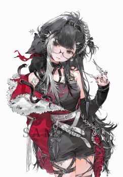 Rule 34 | 1girl, absurdres, animal, animal on shoulder, asymmetrical sleeves, baifeidaiwang, belt, black cat, black eyes, black hair, black hairband, black nails, blunt bangs, cat, cat on shoulder, chain, closed mouth, cowboy shot, detached sleeves, earrings, expressionless, eyelashes, fingernails, glasses, hair belt, hair ornament, hairband, hairclip, hairpin, highres, holding, holding scissors, jewelry, long hair, long sleeves, looking to the side, mismatched sleeves, multicolored hair, nail polish, original, sample watermark, scissors, simple background, solo, standing, streaked hair, watermark, white background, white belt