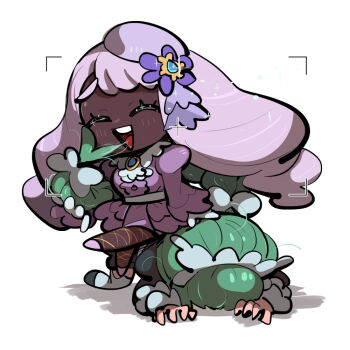 2girls all_fours ascot black_romper bow braid braided_ponytail closed_eyes dark-skinned_female dark_skin dress fascinator frilled_ascot frills gloves green_hair hair_ornament jacinthe_(pokemon) juliet_sleeves lebanne_(pokemon) long_braid long_hair long_sleeves low_drills maid maid_headdress master_and_servant mega_stone multiple_girls nintendo open_mouth pokemon pokemon_legends:_z-a puffy_sleeves purple_dress purple_hair romper sitting sitting_on_person smile teeth tirarizun very_dark_skin viewfinder white_gloves