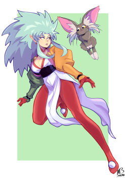 1girl animal_ear_fluff aqua_eyes border breasts cabbit cleavage earrings eymbee female_focus green_background highres jewelry long_hair looking_to_the_side medium_breasts outstretched_arms pointy_ears ryou-ouki ryouko_(tenchi_muyou!) sidelocks solo spiked_hair tenchi_muyou! white_border
