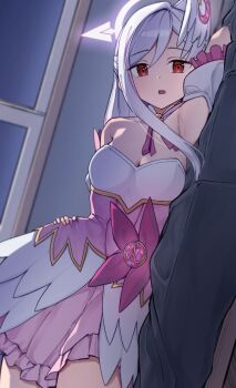 1girl blue_archive grey_wings halo head_wings highres looking_at_viewer lying magical_girl odod1228 official_alternate_costume open_mouth purple_halo single_hair_intake single_head_wing single_wing solo suzumi_(blue_archive) suzumi_(magical)_(blue_archive) wings