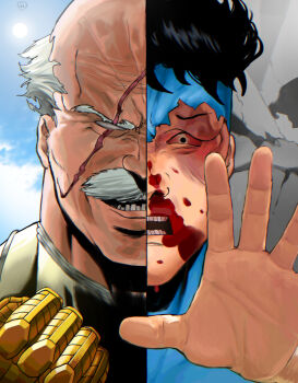 2boys absurdres bald black_hair blank_eyes blood blood_on_face bloodshot_eyes blue_sky bruise bruised_eye cloud conquest_(invincible) devovas evil_smile facial_hair grey_hair highres injury invincible_(character) invincible_(series) male_focus mark_grayson multiple_boys mustache nosebleed old old_man prosthesis scar scar_across_eye scar_on_face sky smile split_screen sun superhero_costume torn_clothes