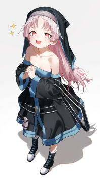 Rule 34 | 1girl, absurdres, bare shoulders, black boots, black dress, boots, collarbone, commentary request, commission, copyright request, detached sleeves, dress, eco 376124, flat chest, full body, highres, kannyo (orkastle), long hair, long sleeves, looking at viewer, nun, open mouth, orkastle, own hands together, pink eyes, pink hair, pixiv commission, shadow, solo, sparkle, standing, teeth, upper teeth only, white background