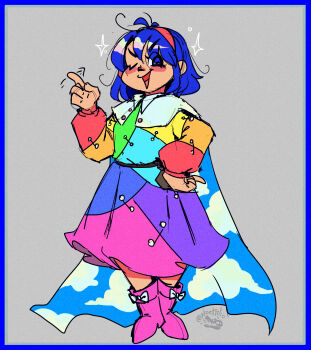 1girl ability_card_(touhou) absurdres artist_name blue_eyes blue_hair blush boots bow cape cloak dress hair_between_eyes hairband highres long_sleeves looking_at_viewer multicolored_dress multicolored_hairband noctiilio one_eye_closed open_mouth patchwork_clothes rainbow_gradient short_hair signature simple_background sky_print smile solo sparkle tenkyuu_chimata tongue touhou unconnected_marketeers wagging_finger white_cape