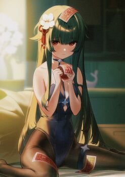 1girl absurdres black_hair black_leotard black_pantyhose blurry blurry_background blush breasts closed_mouth commentary flower girls&#039;_frontline girls&#039;_frontline_2:_exilium gwendolynstore hair_flower hair_ornament highres holding indoors leotard long_hair looking_at_viewer official_alternate_costume pantyhose pillow red_eyes sitting small_breasts solo symbol-only_commentary type_100_(girls&#039;_frontline) type_100_(tale_of_the_butterflies)_(girls&#039;_frontline) wariza white_flower