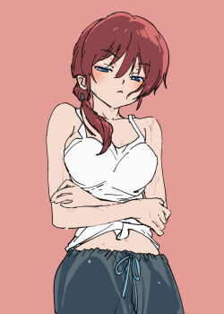 1girl bare_shoulders blue_eyes blush breasts cowboy_shot crossed_arms drawstring hair_between_eyes hair_over_shoulder half-closed_eyes highres kakeami large_breasts long_hair looking_at_viewer midriff_peek parted_lips pink_background ranma-chan ranma_1/2 red_hair simple_background solo tank_top wet wet_hair white_tank_top