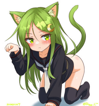 1girl all_fours animal_ears ass black_serafuku black_thighhighs blush cat_ears cat_tail crescent crescent_hair_ornament dated embarrassed green_eyes green_hair hair_ornament kantai_collection loli long_hair long_sleeves looking_at_viewer nagatsuki_(kancolle) neckerchief no_panties no_skin paw_pose ray.s school_uniform serafuku shadow solo tail thighhighs twitter_username white_background