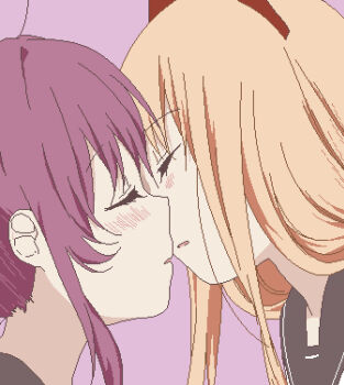 2girls absurdres black_sailor_collar blonde_hair blush bow close-up closed_eyes commentary_request face-to-face hair_bow highres imminent_kiss multiple_girls parted_lips pixel_art purple_background purple_hair red_bow sailor_collar sidelocks simple_background sugiura_ayano toshinou_kyouko yuri yuru_kaze yuruyuri