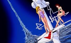 3girls air_bubble animated ass barefoot bikini blonde_hair blue_eyes breasts brown_hair bubble clothes dirty_pair diving highres multiple_girls one-piece_swimsuit star_(sky) starship submerged swimming swimsuit swimsuit_under_clothes tagme underwater video