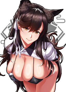 1girl animal_ears arms_behind_back atago_(azur_lane) atago_(stunning_speedster)_(azur_lane) azur_lane bikini black_bikini black_hair breasts cleavage commentary covered_erect_nipples dog_ears extra_ears hanging_breasts highres kagiyama_(clave) large_breasts leaning long_hair looking_at_viewer mole mole_under_eye multicolored_bikini official_alternate_costume race_queen ribbon sakura_empire_(emblem) shrug_(clothing) sleeve_cuffs smile solo swept_bangs swimsuit two-tone_bikini white_background white_ribbon