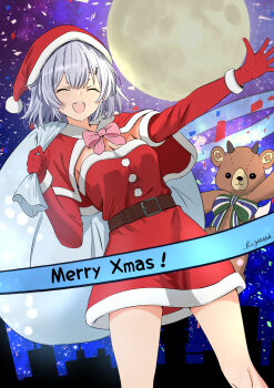 1girl belt bow breasts capelet christmas cleavage closed_eyes dress elbow_gloves full_moon gloves grey_hair hat highres holding holding_sack k-yous koharu_rikka medium_breasts merry_christmas moon open_mouth pink_bow red_capelet red_dress red_gloves sack santa_costume santa_hat smile solo stuffed_animal stuffed_toy synthesizer_v teddy_bear