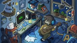 Rule 34 | 1other, acoustic guitar, aquarium, bandaid, bandaid on face, bedroom, blue bag, book, brown hair, cactus, cat, chair, closed eyes, computer, cup, desk, fish, fish tank, gashapon, guitar, guitar case, headphones, highres, hood, hood down, hoodie, indoors, instrument, instrument case, khaki pants, model ship, monitor, mouse (computer), mug, night, nintendo switch, original, pants, pencil, pillow, plant, playing guitar, poster (object), potted plant, scenery, shelf, shimarisu yukichi, sitting, squirrel, star (symbol), sticker, swivel chair, white cat, window, yellow hoodie
