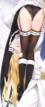 1boy 1girl ass bare_shoulders black_dress black_panties black_skirt blonde_hair blush bow breasts breasts_out cameltoe carrying carrying_over_shoulder carrying_person closed_eyes commentary_request dangling_arms hanging_legs defeat delores_(mvv) dress facial_mark fainted fainting garter_belt garter_straps hair_intakes highres large_breasts long_hair medium_breasts mvv necktie nipples nose_blush original panties pants partially_visible_vulva saliva scene_reference shirt skirt standing sweat thighhighs thighs torn_clothes unconscious underwear