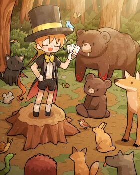 Rule 34 | 1girl, absurdres, bear, bird, black shoes, blood, bug, bush, butterfly, card, cat, closed eyes, commentary request, deer, drooling, forest, fox, gloves, hand on own hip, hat, hedgehog, highres, holding, holding card, insect, kneehighs, magic trick, mouse (animal), nature, on tree stump, open mouth, orange hair, original, outdoors, playing card, rabbit, shoes, snail, snake, socks, solo, standing, takurada, top hat, tree, white gloves