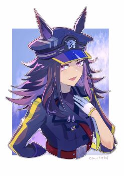 Rule 34 | 1girl, animal ears, belt, black hair, black jacket, commentary request, cropped torso, ears through headwear, fenomeno (black flames of the righteous spirit) (umamusume), fenomeno (umamusume), flipped hair, gloves, hat, highres, horse ears, horse girl, horseshoe hat ornament, horseshoe ornament, jacket, long hair, long sleeves, looking at viewer, multicolored hair, open mouth, peaked cap, purple eyes, purple hair, quro914803, red belt, shirt, smile, umamusume, white gloves