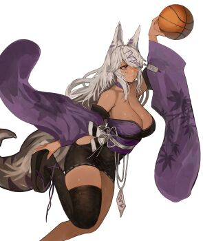 1girl absurdres animal_ears asymmetrical_legwear ball bare_shoulders basketball_(object) breasts choker closed_mouth clothing_cutout dark_skin detached_sleeves earrings floral_print fox_ears fox_tail hair_between_eyes hair_over_one_eye highres holding inari_(mofumancer) jewelry large_breasts leg_up long_hair non-web_source ofuda ofuda_earrings original platform_sandals purple_choker purple_eyes purple_sleeves sandals sash simple_background single_thighhigh solo tail thigh_cutout thighhighs tomatolover16 white_background white_hair white_sash white_tail