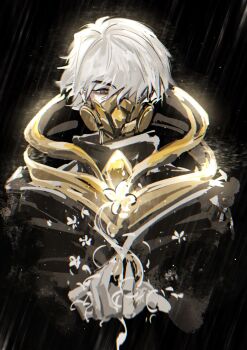 1boy black_background black_cloak black_shirt chinese_commentary chromatic_aberration cloak commentary_request flower gas_mask ghostblade_(to_be_hero_x) glowing_flower gold_mask grey_eyes hair_over_one_eye highres leisimohe long_sleeves looking_at_object male_focus mask rain red_pupils shirt short_hair simple_background solo to_be_hero to_be_hero_x turtleneck upper_body white_flower white_hair